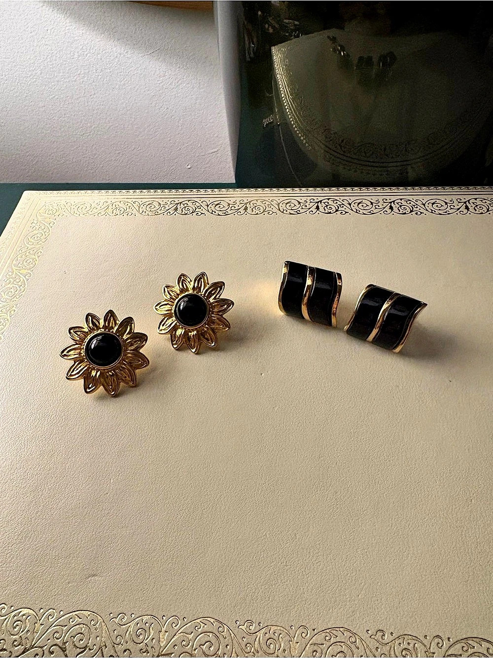 Two pairs of Vintage Gold & Black Statement Earrings